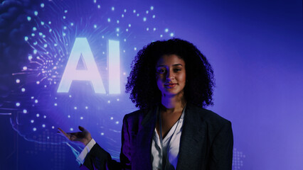 Ai using. Business team discussing and using artificial intelligence technology or Ai assistant. Futuristic innovation AI technology collaboration and ideas for future. Business Tech Startup meeting.