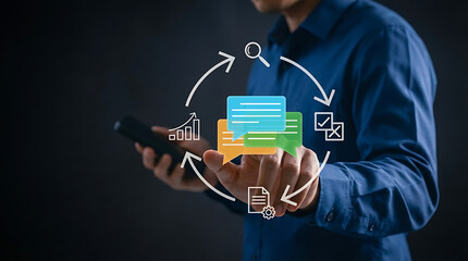 Businessman interacting with virtual circular workflow diagram containing chat bubbles and graphs representing continuous business communication and process improvement cycle