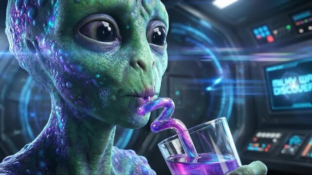 Alien Drinking a Purple Drink in Space Ship