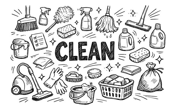 Doodle illustration of cleaning supplies and tools arranged around the word CLEAN