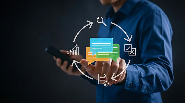 Businessman interacting with virtual circular workflow diagram containing chat bubbles and graphs representing continuous business communication and process improvement cycle - Powered by Adobe