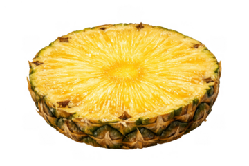 Ripe pineapple cross section displaying juicy yellow flesh and textured green skin, isolated on transparency