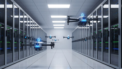 Clean empty corridor featuring a row of servers within a modern office building interior with glass architecture and bright ceiling light