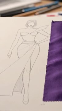Fashion designer sketching a dress with fabric swatch