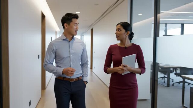 Two colleagues walking and talking 4K video. Two colleagues walk side by side through a corridor while talking, maintaining a relaxed and professional pace.