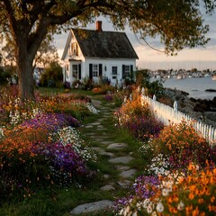 Cottage surrounded by wildflowers on sunny day high resolution picture