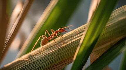Naklejka premium Close-Up of an Orange Ant Crawling on a Leaf Surrounded by Lush Green Vegetation in a Natural Outdoor Environment