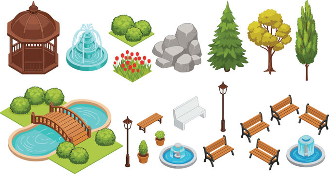 Public Park Landscape Elements Set with Gazebo, Fountains, Trees, Benches, Bridge, and Decorative Urban Garden Objects Vector Illustration