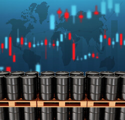 Stack of oil barrels and graph chart. Changes in prices in energy market concept