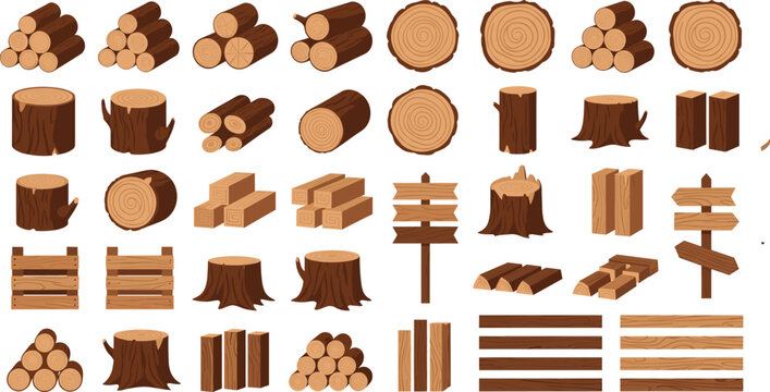 Wood Log, Plank, and Tree Stump Icon Set with Timber Elements, Lumber Materials, and Forest Resources Vector Illustration