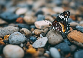 Close-up of a butterfly on pebbles