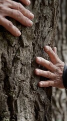 Hands touching tree bark close up, connection with nature