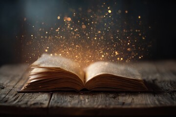 Open book with magical light effects on a rustic wooden table