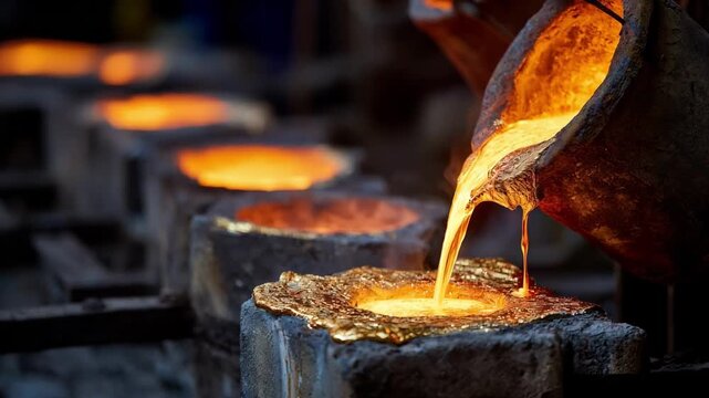 Medium shot of molten aluminum being poured into molds during recycling process capturing the glowing liquid metal flowing smoothly in a hightemperature foundry.