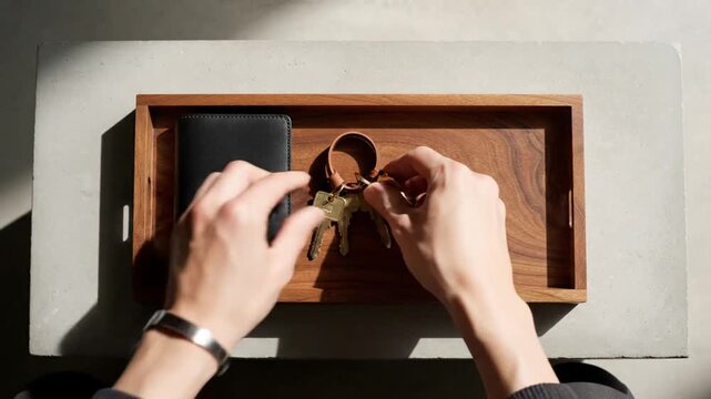 Everyday Carry: Keys, Wallet, and Watch on a Wooden Tray