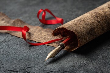 Antique quill pen wrapped in parchment