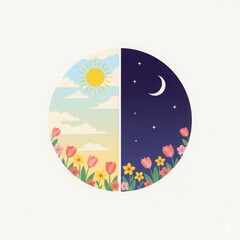 Conceptual representation of Spring Equinox. A perfect circle split vertically into day and night.