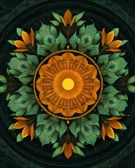 A central glowing sun surrounded by geometric patterns and budding green leaves in a mandala