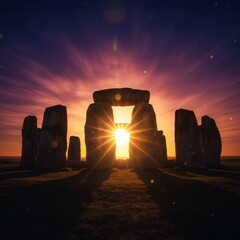 Abstract silhouette of ancient standing stones (like Stonehenge) during sunrise.