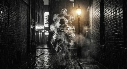 Noir Detective Silhouette Dissolving into Smoke in Rainy Alley © sxcd