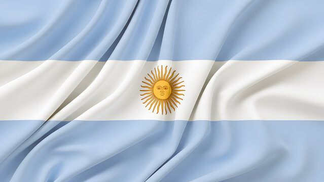 Argentina flag texture with sun of may emblem on white and blue silk background