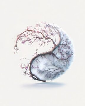 A nature-inspired Yin-Yang symbol made of blooming spring branches on one side and bare winter branches with frost on the other.