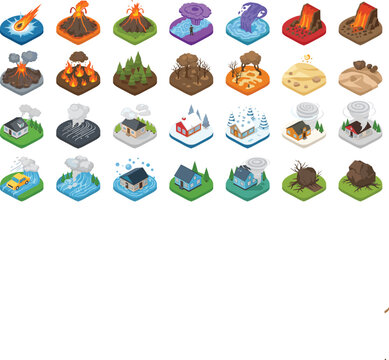 Isometric Natural Disaster and Weather Phenomena Icon Set with Volcanoes, Storms, Floods, Earthquakes, Fires, and Extreme Climate Events Vector Illustrat