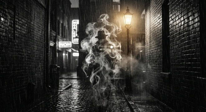 Noir Detective Silhouette Dissolving into Smoke in Rainy Alley