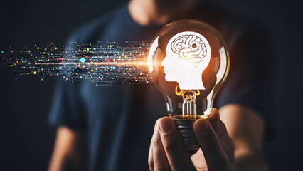 Human hand holding light bulb with brain icon and digital data stream representing ai innovation and idea generation