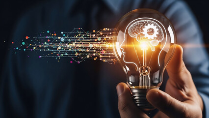 Illuminated light bulb with brain and data stream for ai and innovation concept