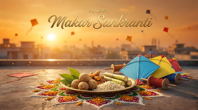 Rooftop view of traditional sweets plate and kites during sunset for happy makar sankranti and pongal festival celebration in indian city