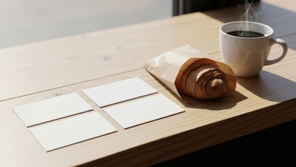 Minimalist business card mockup with three blank cards, fresh pain au chocolat, and coffee on a wooden table. Natural light and shadow, perfect for cafe branding or food projects