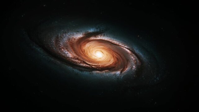 A spiral galaxy glowing in the darkness of space. The galaxy's core shines brightly with a golden yellow color, surrounded by spiral arms consisting of lanes of cosmic dust.