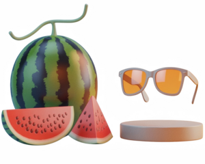 Watermelon fruit slices sunglasses and pedestal display on transparent background