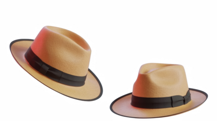 Two stylish straw fedora hats floating in empty space on transparent background