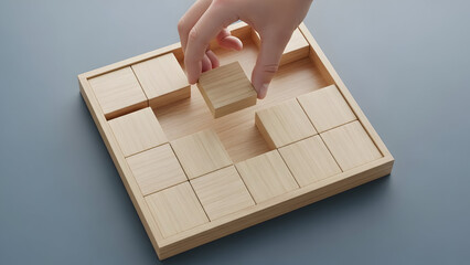A hand places the final piece of a wooden puzzle, symbolizing problem-solving, strategy, and the satisfying completion of a challenging task for success.