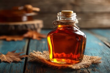 Glass jar of maple syrup on table