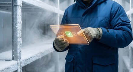 Worker using digital tablet to manage inventory in a large, cold storage warehouse environment.