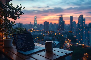 Cozy workspace with potted plant and laptop high resolution picture