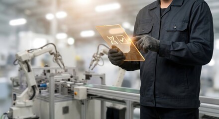 Factory worker checking digital quality control on transparent tablet with robotic arm in background.