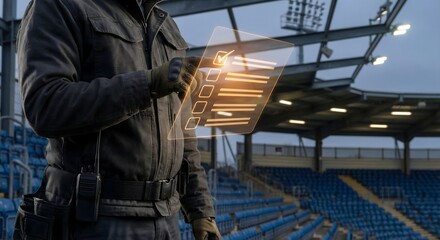 Worker using digital checklist on transparent screen at empty stadium for inspection or maintenance.
