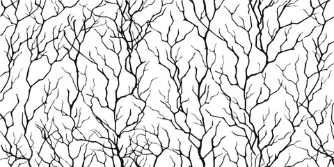 A seamless pattern of intricate bare tree branches in a minimalist black and white style