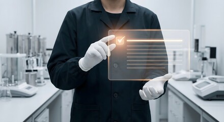 Scientist reviewing data on transparent digital screen in modern laboratory setting with scientific equipment.