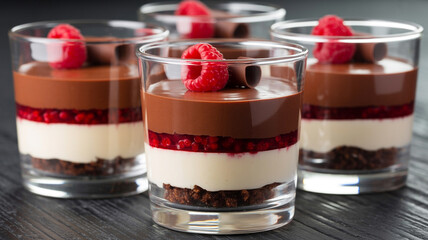 Decadent chocolate and raspberry layered dessert parfaits topped with fresh fruit and elegant chocolate curls