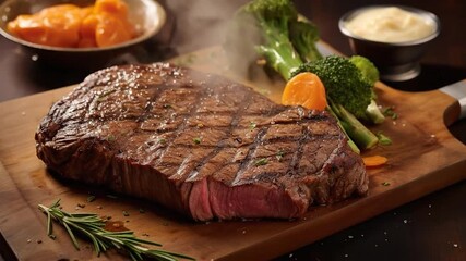 BBQ brisket meat with sauces on wooden tray. Delicious nourishing meal for dinner. Generative AI