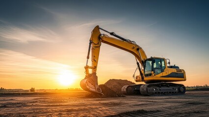 Heavy duty excavator working diligently at a construction site during a beautiful golden sunset, moving earth and preparing the ground for future development and infrastructure