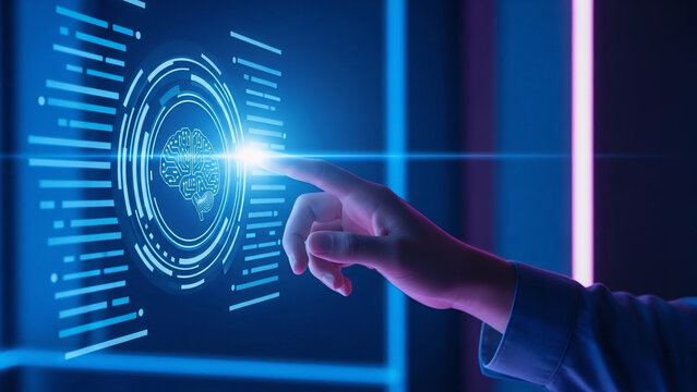 Human hand interacting with ai brain interface on futuristic digital screen, representing artificial intelligence and machine learning technology - Powered by Adobe
