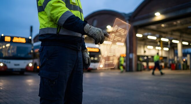 Worker using digital tablet to manage bus fleet and logistics at transportation depot during dusk.