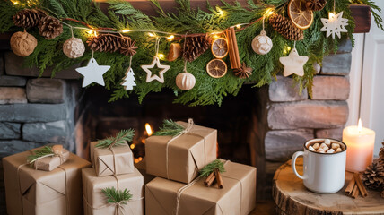 Warm and inviting christmas evening by the fireplace with hot chocolate and presents