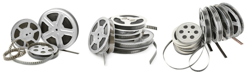 Vintage Metal Film Reels with Unwound Motion Picture Film Isolated on White Background